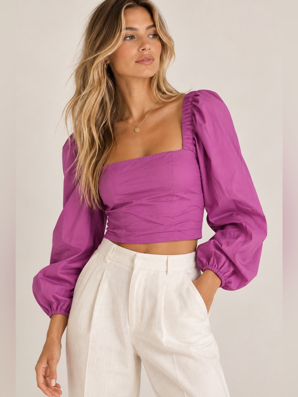 Veronica Beard Kayla Orchid Crop Square-Neck Blouse in Magenta